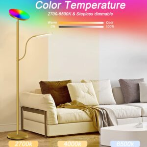 Hyskostar Gold Floor lamp,Top Sky Light and Side Reading Lamp,RGB LED Modern Super Bright Floor Lamps-Tall Standing Pole Light with Remote & Touch Control for Living Room,Bed Room,Office