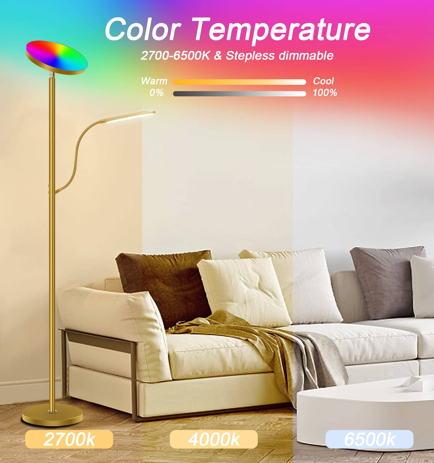 Hyskostar Gold Floor lamp,Top Sky Light and Side Reading Lamp,RGB LED Modern Super Bright Floor Lamps-Tall Standing Pole Light with Remote & Touch Control for Living Room,Bed Room,Office