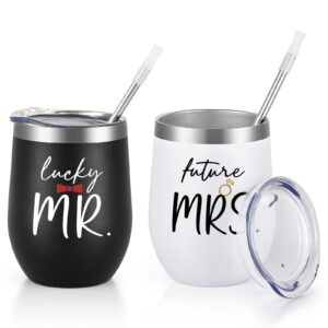 lifecapido couples gifts - lucky mr future mrs wine tumblers set of 2, wedding gifts engagement gifts bridal shower gifts for couples, fiancee fiance, bride groom, mr mrs, black and white