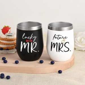 Lifecapido Couples Gifts - Lucky Mr Future Mrs Wine Tumblers Set of 2, Wedding Gifts Engagement Gifts Bridal Shower Gifts for Couples, Fiancee Fiance, Bride Groom, Mr Mrs, Black and White