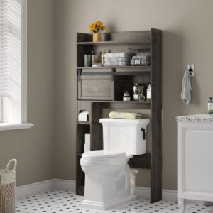 furniouse over the toilet storage cabinet, 6-tier toilet organizer rack, bathroom shelf over toilet cabinet with sliding door for restroom, laundry, grey