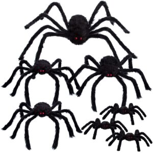 amandir 7 pcs giant spiders halloween decorations outdoor, realistic black fake spider props scary for yard indoor outdoor home haunted house creepy halloween party decor
