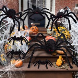 Amandir 7 PCS Giant Spiders Halloween Decorations Outdoor, Realistic Black Fake Spider Props Scary for Yard Indoor Outdoor Home Haunted House Creepy Halloween Party Decor