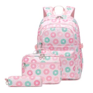 armbq 3pcs donut print kids backpack set girls bookbag for elementary middle with lunch box kindergarten casual school bags