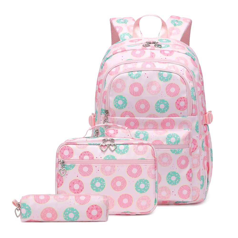 Armbq 3Pcs Donut Print Kids Backpack Set Girls Bookbag for Elementary Middle with Lunch Box Kindergarten Casual School Bags