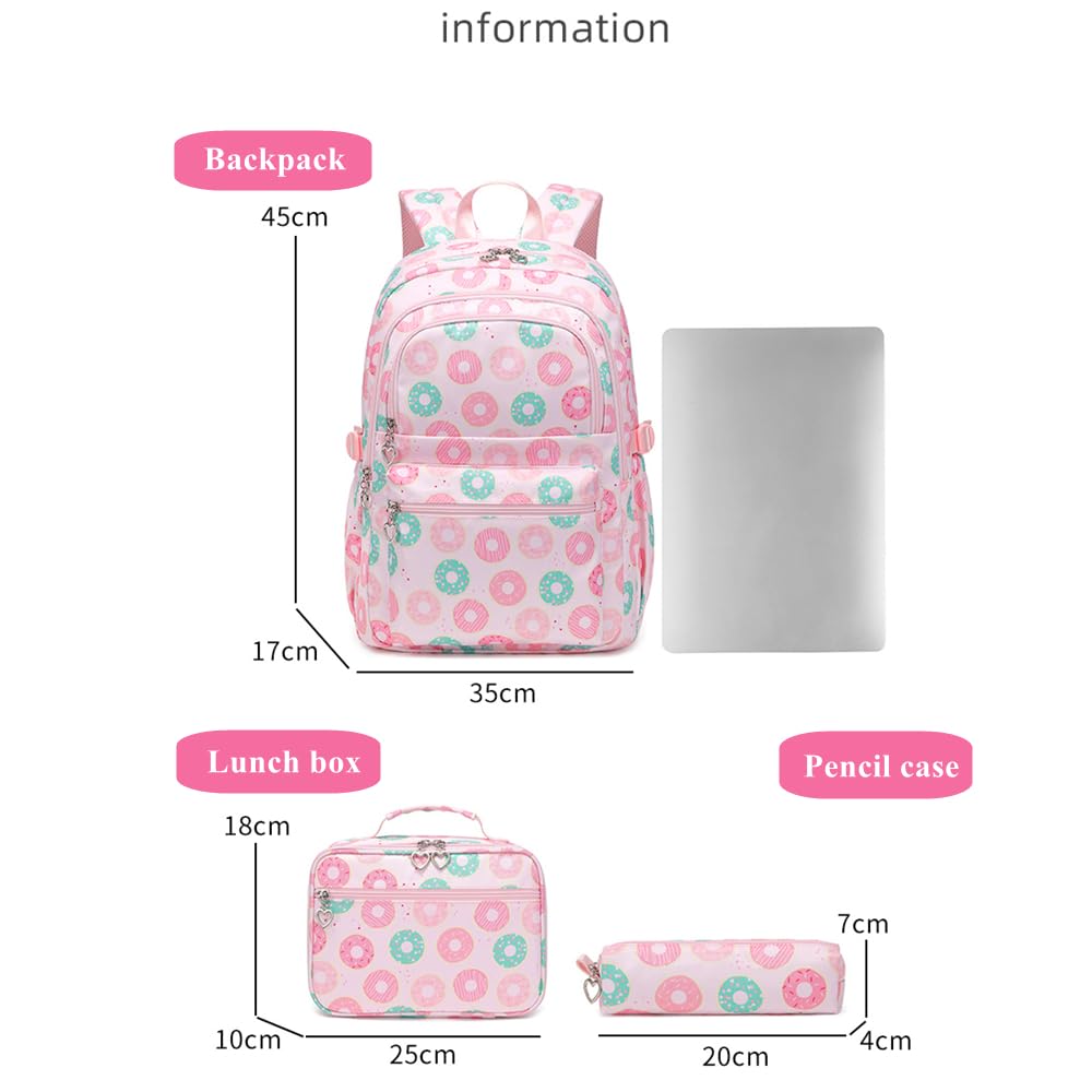 Armbq 3Pcs Donut Print Kids Backpack Set Girls Bookbag for Elementary Middle with Lunch Box Kindergarten Casual School Bags