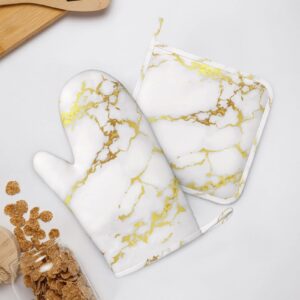 Marble Oven Mitts Pot Holders Set Silicone White Gold Kitchen Gloves Potholders Heat Resistant for Chef Baking Cooking Grilling BBQ 4 Pack Mitt