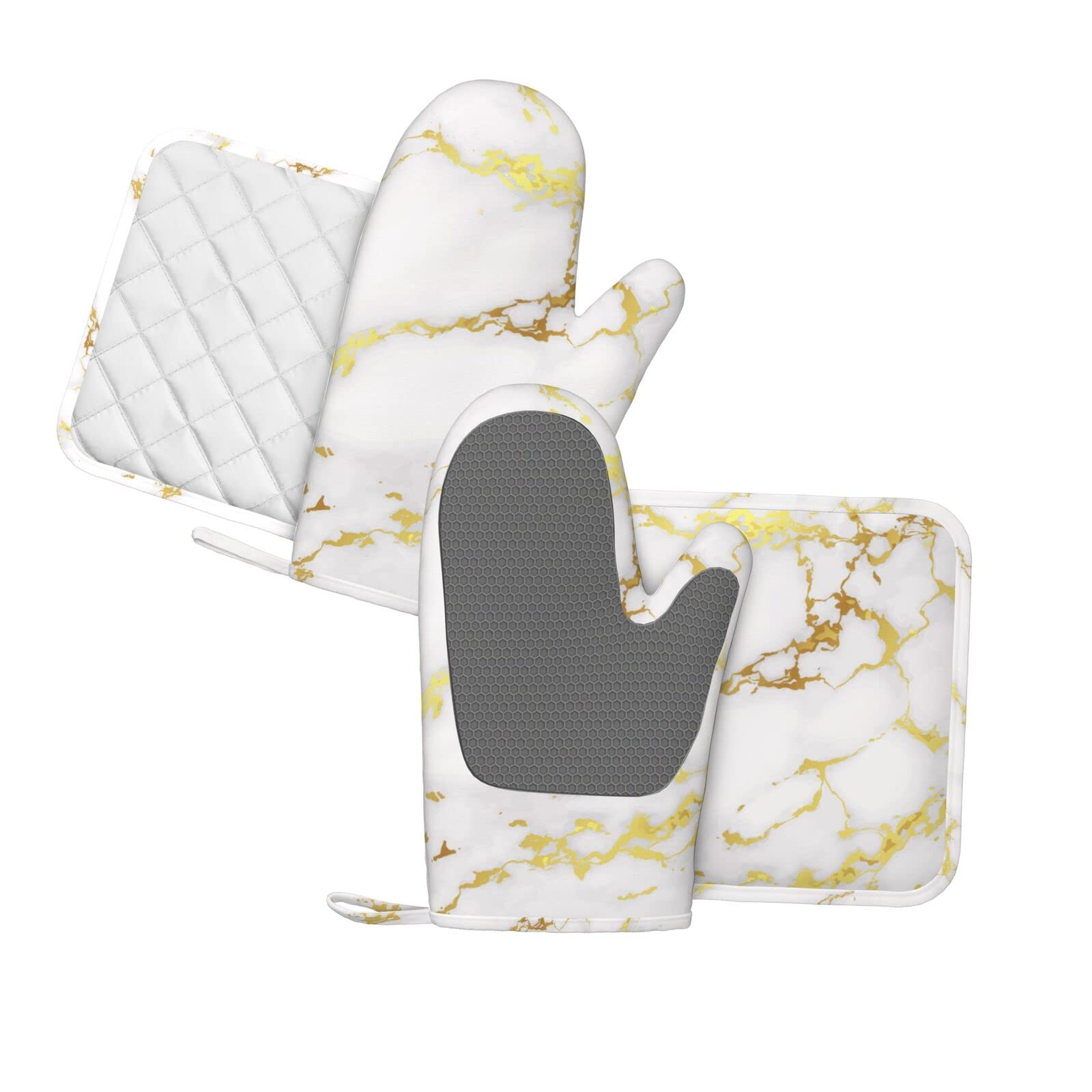 Marble Oven Mitts Pot Holders Set Silicone White Gold Kitchen Gloves Potholders Heat Resistant for Chef Baking Cooking Grilling BBQ 4 Pack Mitt