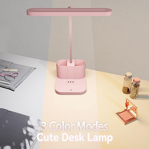 AXX Pink Desk Lamp for Home Office, Cute Desk Lamps for Bedrooms, Kawaii, Dimmable LED, Flexible Gooseneck, Pen Holder, Touch Control, Room College Dorm Essentials for Teen Girls Kids