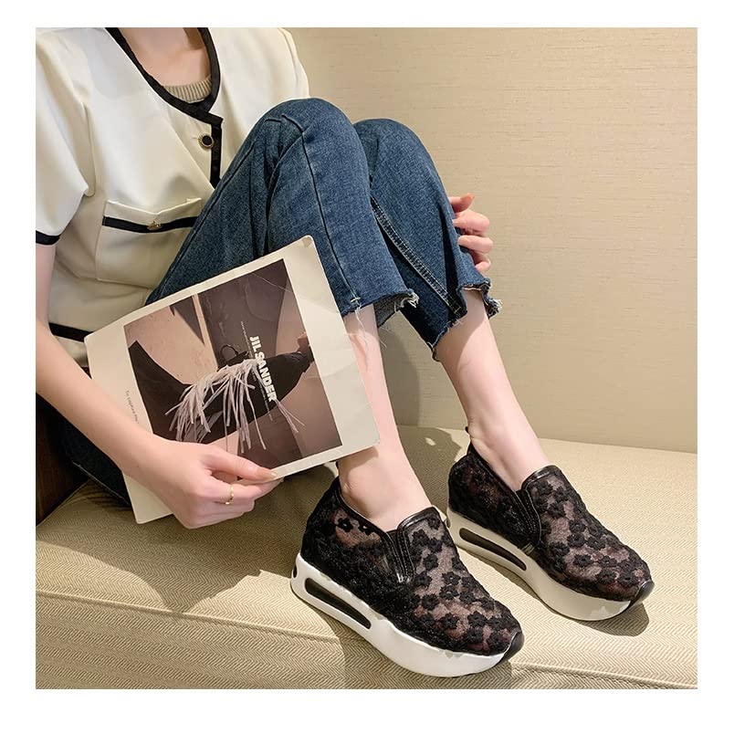 Floral Embroidery Breathable Sheer Mesh Sneakers, Platform Wedge Fashion Sneakers for Women Embroidery Floral Mesh Air Lace Chunky Sole Hidden High Heels（Contains 5 Pairs of lace Socks） (Black,6)