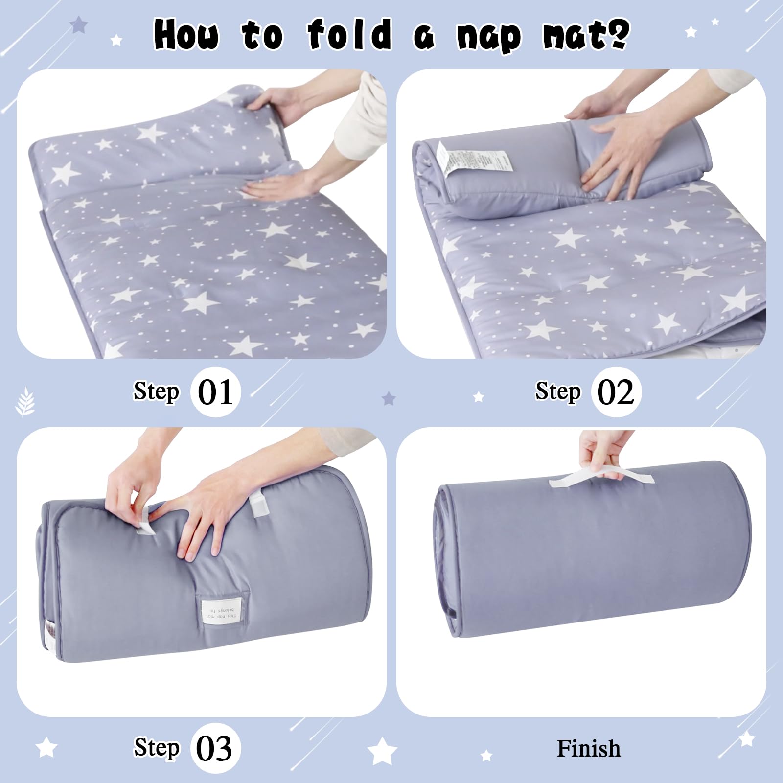 Wowelife Star Nap Mat for Kids, Toddler Nap Mat for Boys and Girls, Napping During Daycare or Preschool, Kids Rolled Nap Mats with Removable Pillow and Fleece Blanket, Soft Microfiber