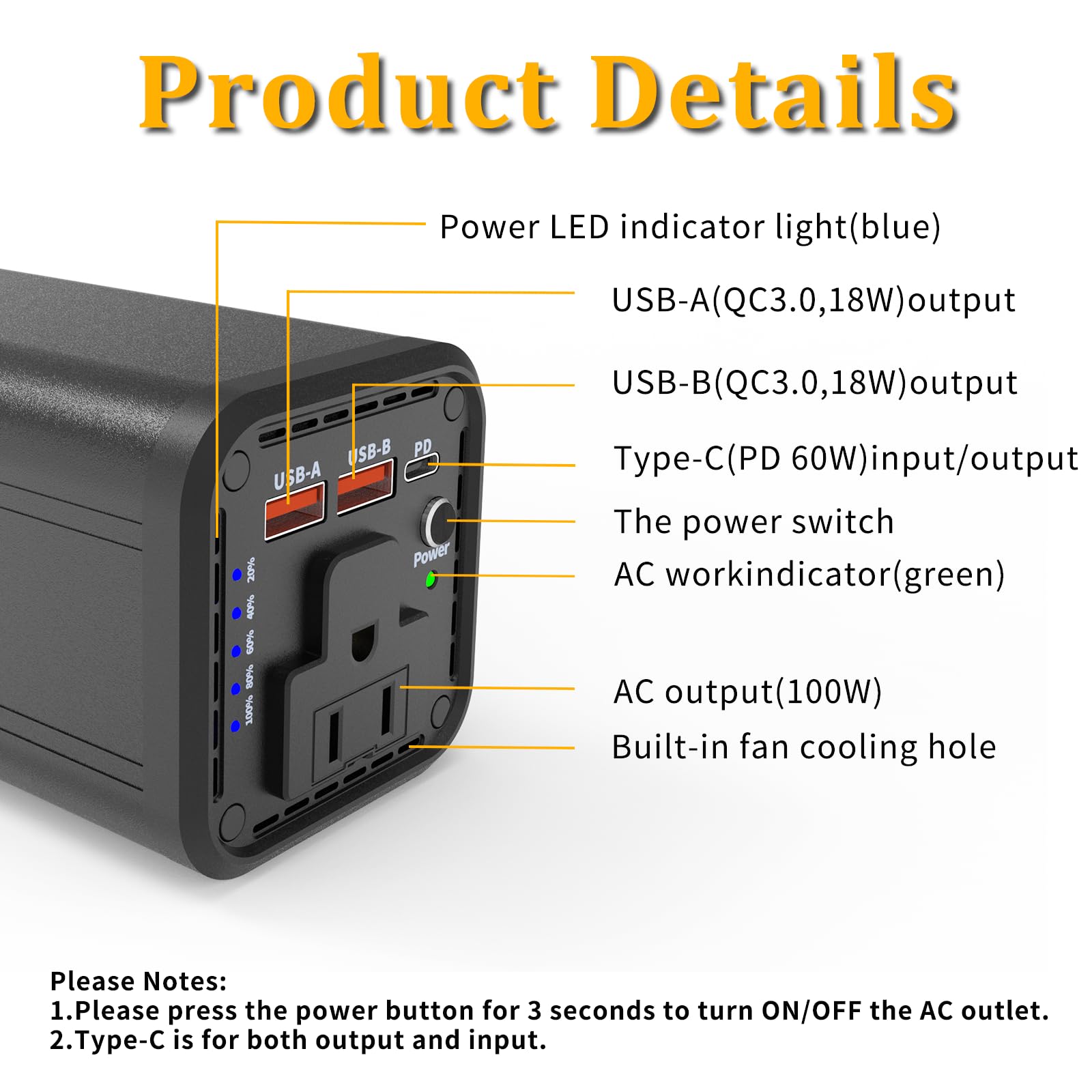 27000mAh Power Bank with 100W AC Outlet,60W PD Type-C Output&Input Portable Laptop Charger，2 USB Output(QC3.0 18W) Power Bank，97.2 WH Fast Charging for Phone, Notebook, Drone and More (N2)