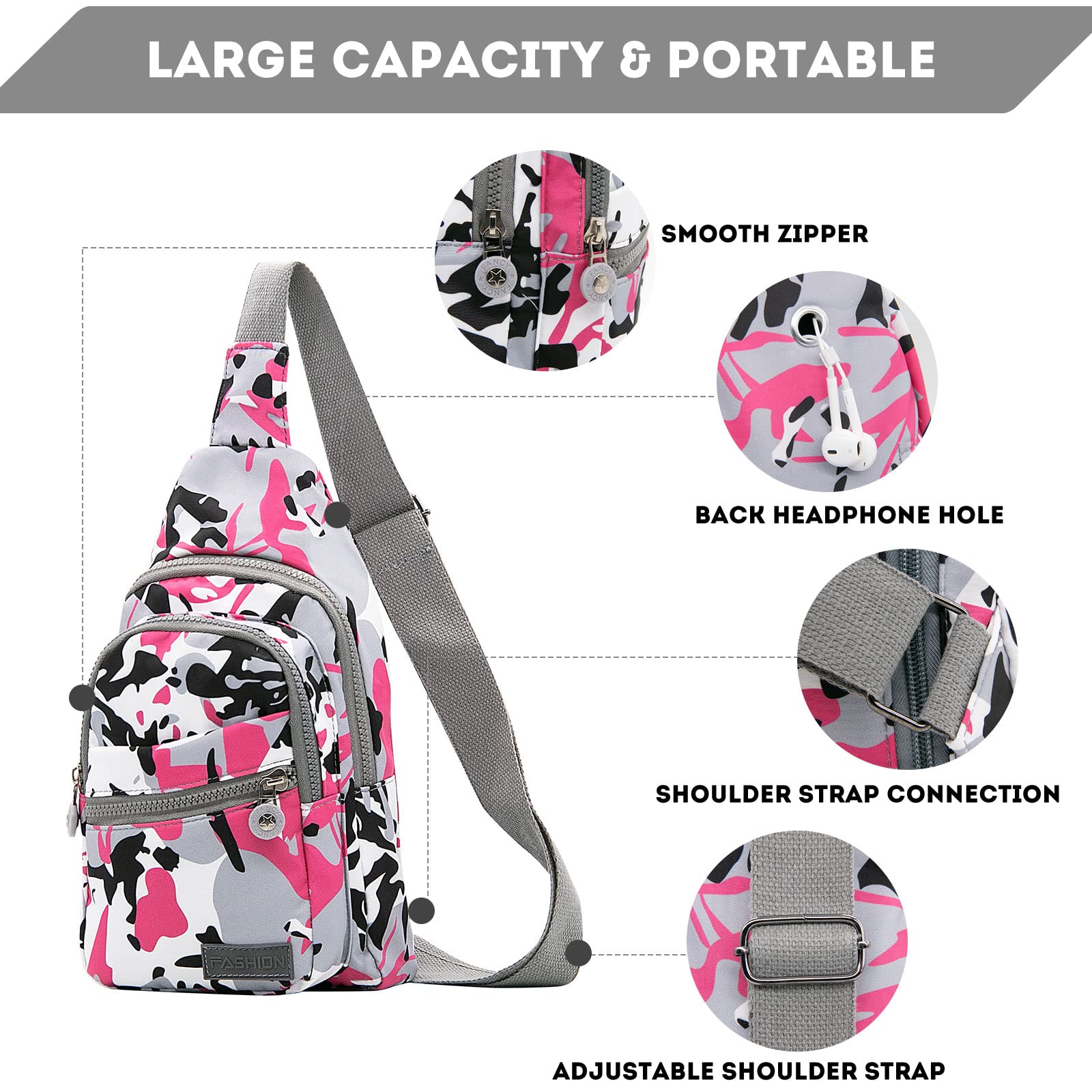 Long Keeper Sling Chest Bag - Women Men Waterproof Crossbody Backpack Traveling Running Hiking Shoulder Daypack Bag (Color(Pink White Grey))