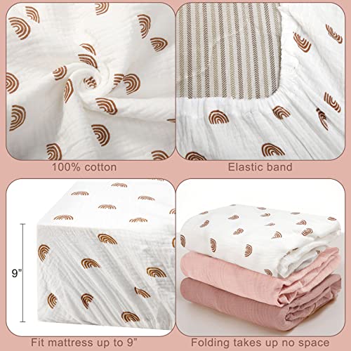 Newwiee 3 Pcs Crib Sheets Fitted 24'' x 38'', Mini Soft Muslin Crib Mattress Sheets for Girls and Boys(Classic)