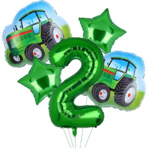 5pcs tractor balloons, green tractor birthday number mylar foil balloon farm theme 2nd birthday party supplies decor (2nd)