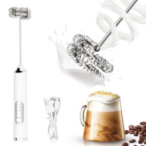 electric milk frother handheld white usb rechargeable drink mixer, detachable milk frother 3 speeds adjustable foam maker for coffee, lattes, matcha, hot chocolate