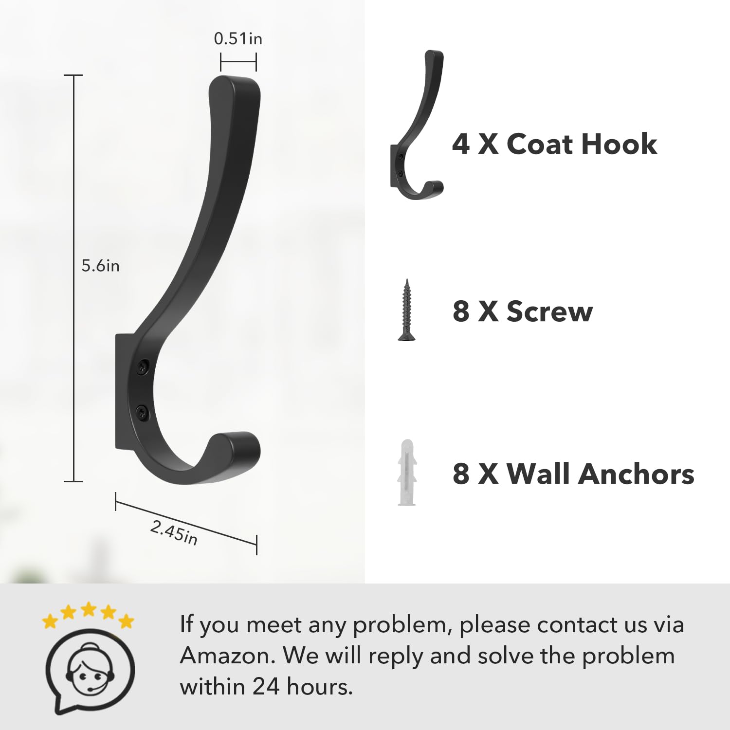 4 Pack Large Wall Hooks For Hanging Heavy Duty, Black Coat Hooks For Wall, Coat Hanger Hooks Wall Mounted, Wall Mounted Bag Hooks, Screw In Hooks, Metal Wall Hooks For Hanging Coats, Backpack, Purse