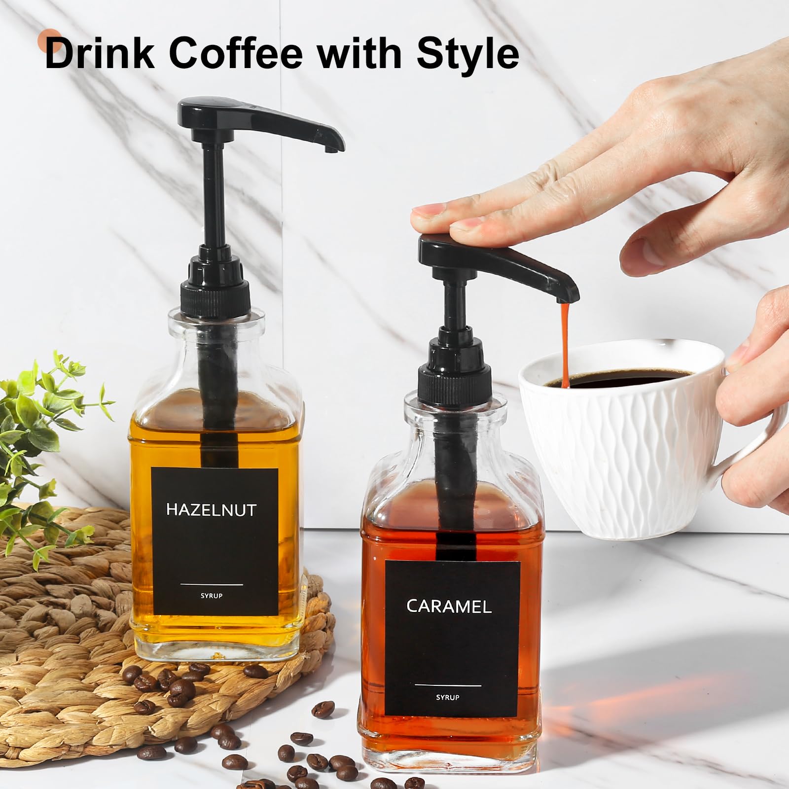 GMISUN Coffee Syrup Dispenser for Coffee Bar, Square Syrup Pump Dispenser with 1/4oz Large Capacity Pump, Coffee Syrup Bottles for Coffee Syrup, Glass Syrup Dispenser Bottle for Syrup, Organizer 16oz