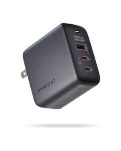 amegat usb c charger 65w, 3-port gan iii fast charger block pps pd 3.0, compact foldable wall charger for macbook pro/air, dell xps 13, iphone 15/pro, ipad pro, galaxy s23, steam deck, and more