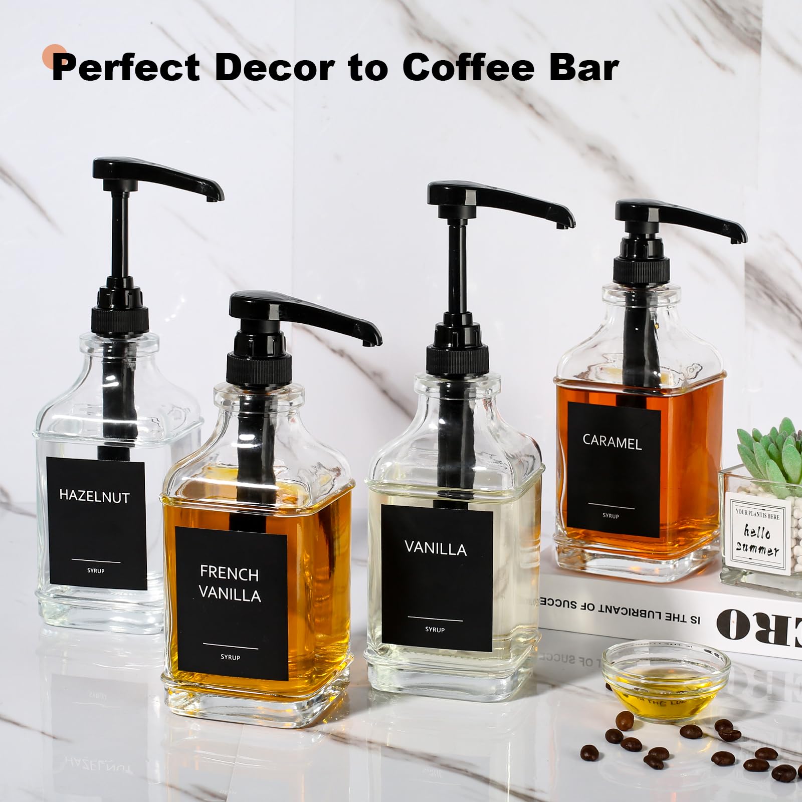 GMISUN Coffee Syrup Dispenser for Coffee Bar, Square Glass Syrup Dispenser with 1/4oz Large Capacity Pump, Coffee Syrup Pump Dispenser, Coffee Bar Accessories, Organizer, Decor, Black, 16oz, 4 Pack