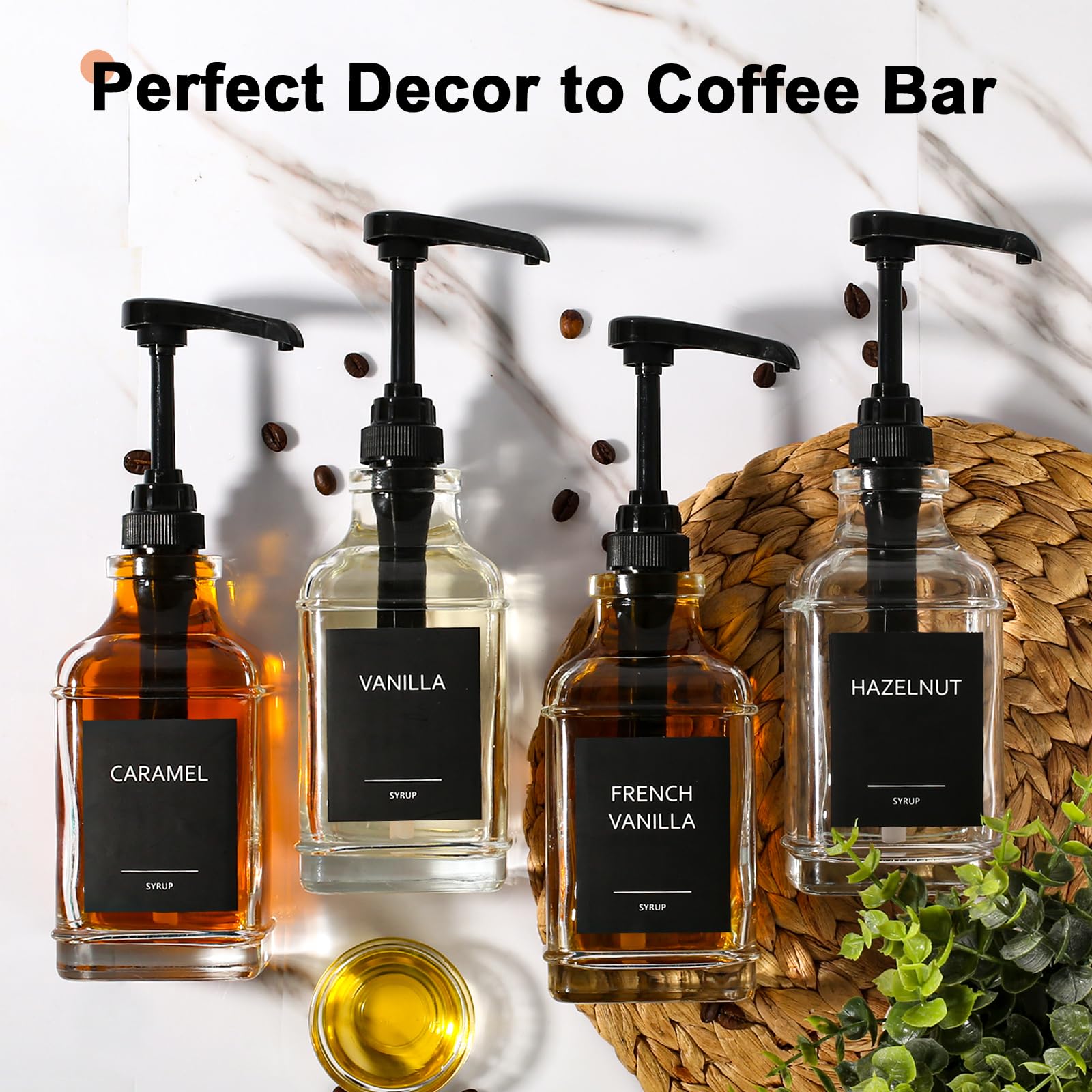 GMISUN Coffee Syrup Dispenser for Coffee Bar, Square Glass Syrup Dispenser with 1/4oz Large Capacity Pump, Coffee Syrup Pump Dispenser, Coffee Bar Accessories, Organizer, Decor, Black, 16oz, 4 Pack