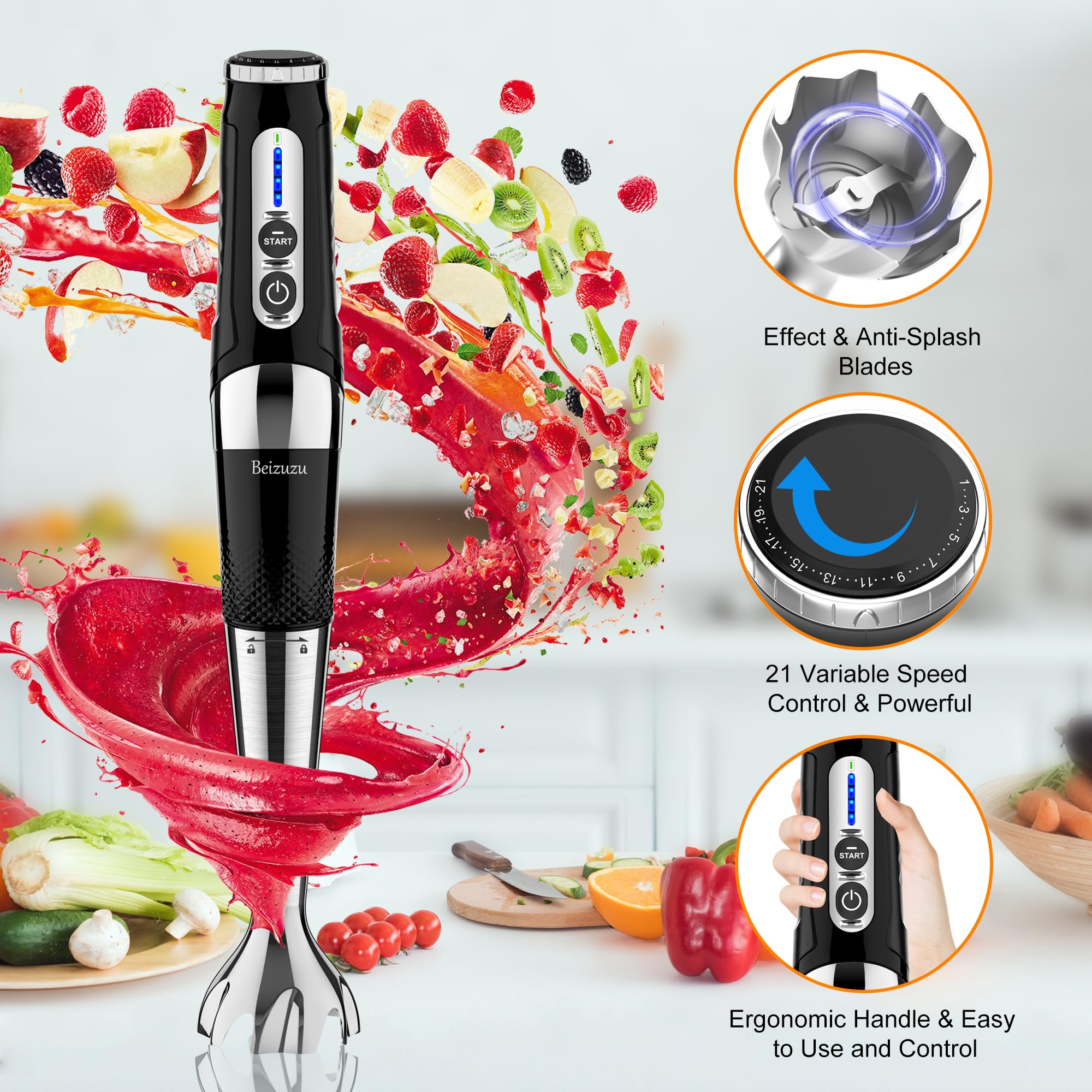 Cordless Immersion Blender: Cordless Hand Blender USB Rechargeable, 21-Speed & 3-Angle Adjustable with 304 Stainless Steel Blades for Milkshakes | Smoothies | Soup| Puree | Baby Food (Black)