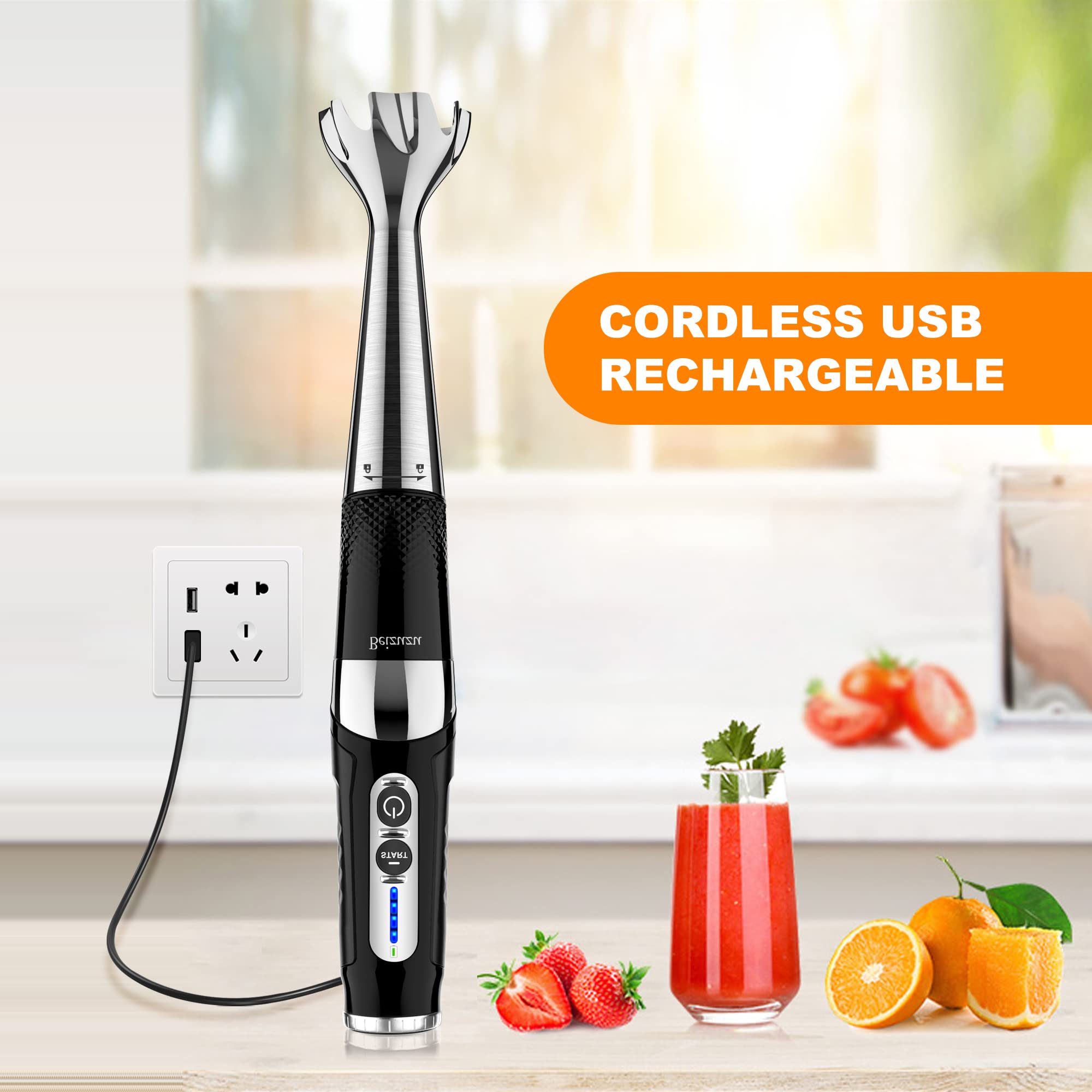 Cordless Immersion Blender: Cordless Hand Blender USB Rechargeable, 21-Speed & 3-Angle Adjustable with 304 Stainless Steel Blades for Milkshakes | Smoothies | Soup| Puree | Baby Food (Black)