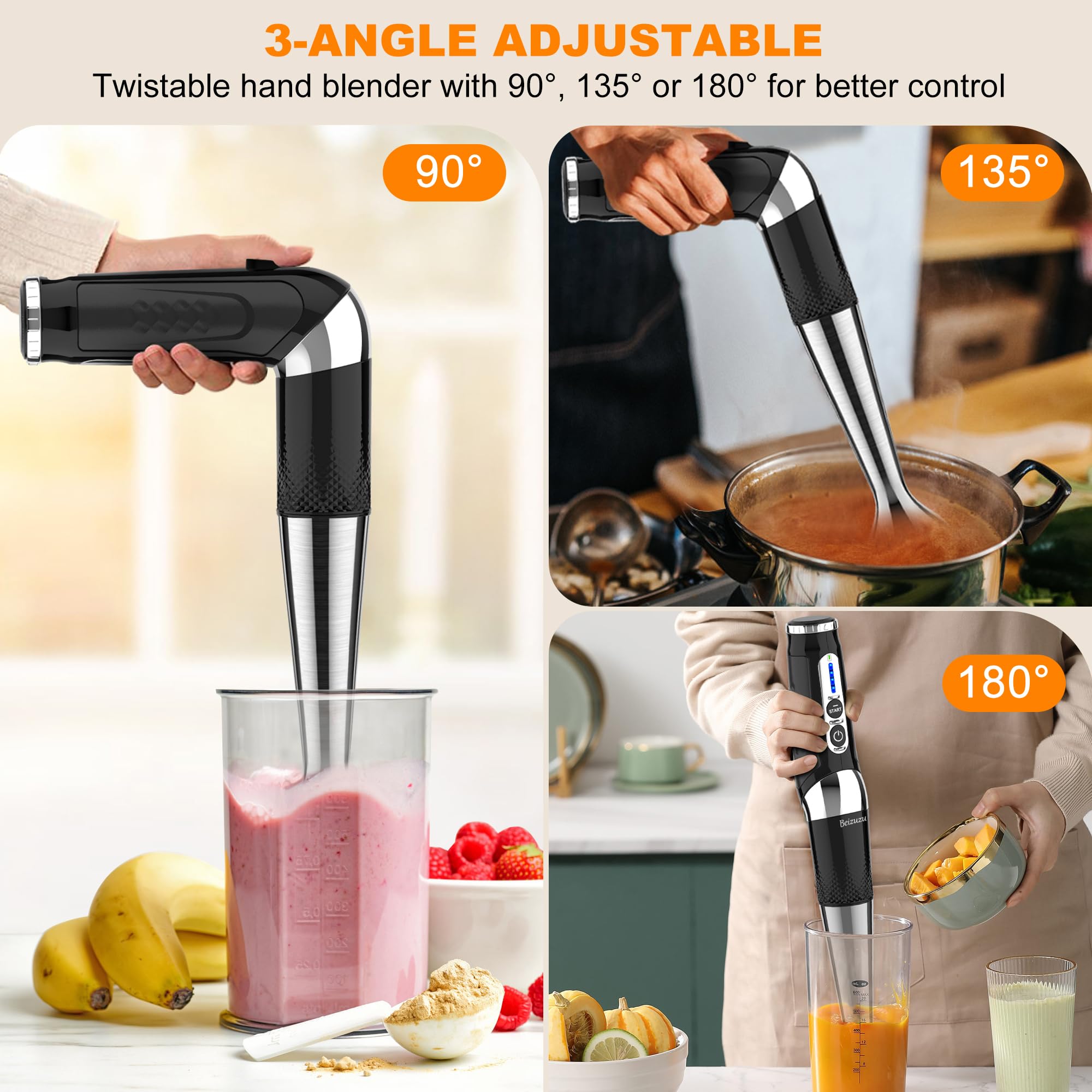 Cordless Immersion Blender: Cordless Hand Blender USB Rechargeable, 21-Speed & 3-Angle Adjustable with 304 Stainless Steel Blades for Milkshakes | Smoothies | Soup| Puree | Baby Food (Black)