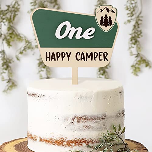 Huray Rayho One Happy Camper Cake Topper National Park Wooden Cake Smash Decor Adventure Camping Theme First 1st Birthday Party Centerpiece Mountain Hiking Sage Green Decoraiton