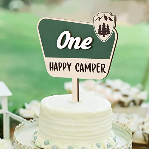 Huray Rayho One Happy Camper Cake Topper National Park Wooden Cake Smash Decor Adventure Camping Theme First 1st Birthday Party Centerpiece Mountain Hiking Sage Green Decoraiton