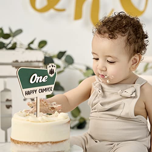 Huray Rayho One Happy Camper Cake Topper National Park Wooden Cake Smash Decor Adventure Camping Theme First 1st Birthday Party Centerpiece Mountain Hiking Sage Green Decoraiton