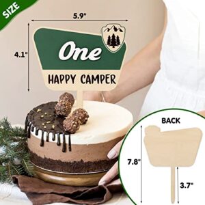 Huray Rayho One Happy Camper Cake Topper National Park Wooden Cake Smash Decor Adventure Camping Theme First 1st Birthday Party Centerpiece Mountain Hiking Sage Green Decoraiton