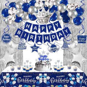 navy blue and silver birthday decorations for men women, blue birthday decorations for men with happy birthday banner tablecloth balloons fringe curtains hanging swirls cake toppers