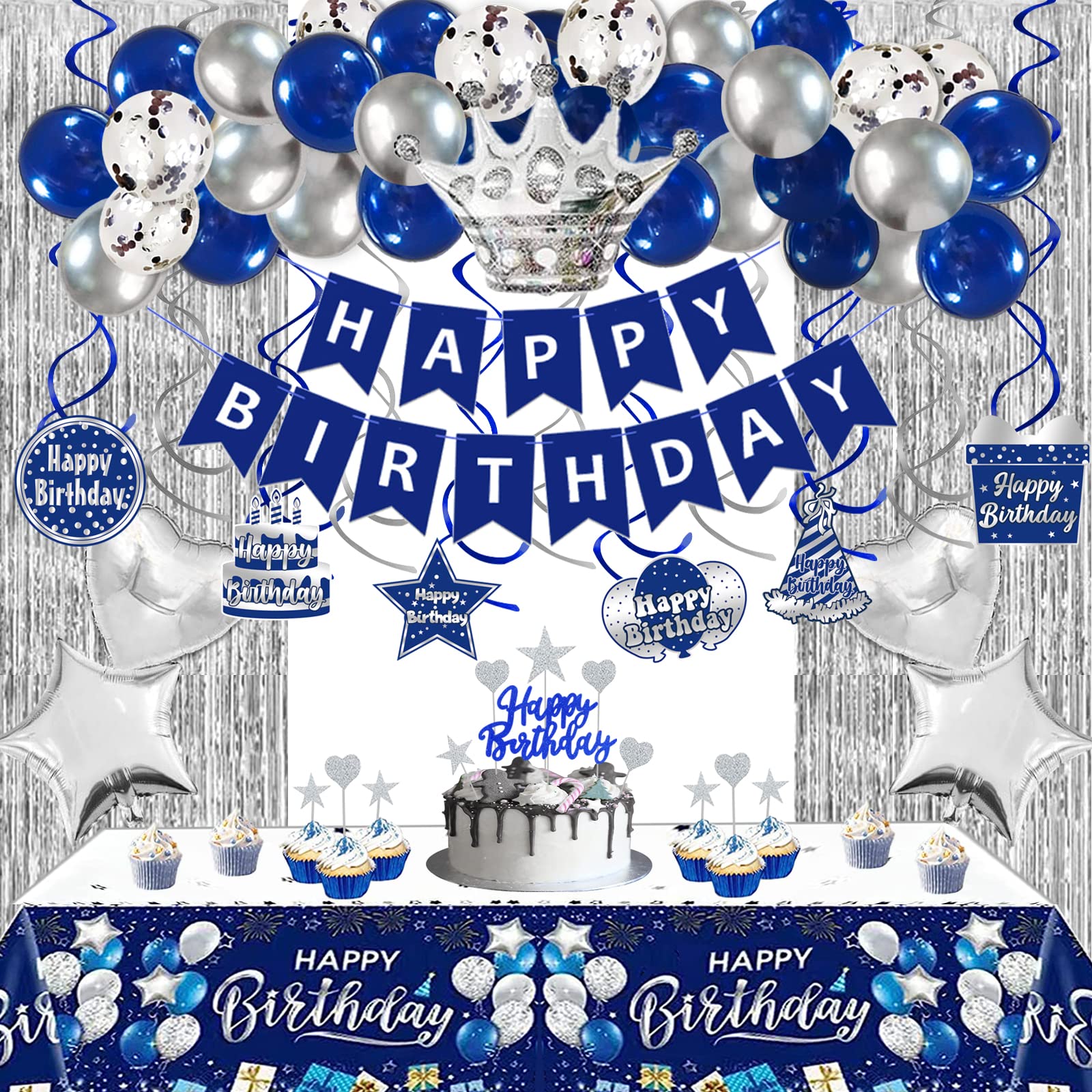 Navy Blue and Silver Birthday Decorations for Men Women, Blue Birthday Decorations for Men with Happy Birthday Banner Tablecloth Balloons Fringe Curtains Hanging Swirls Cake Toppers