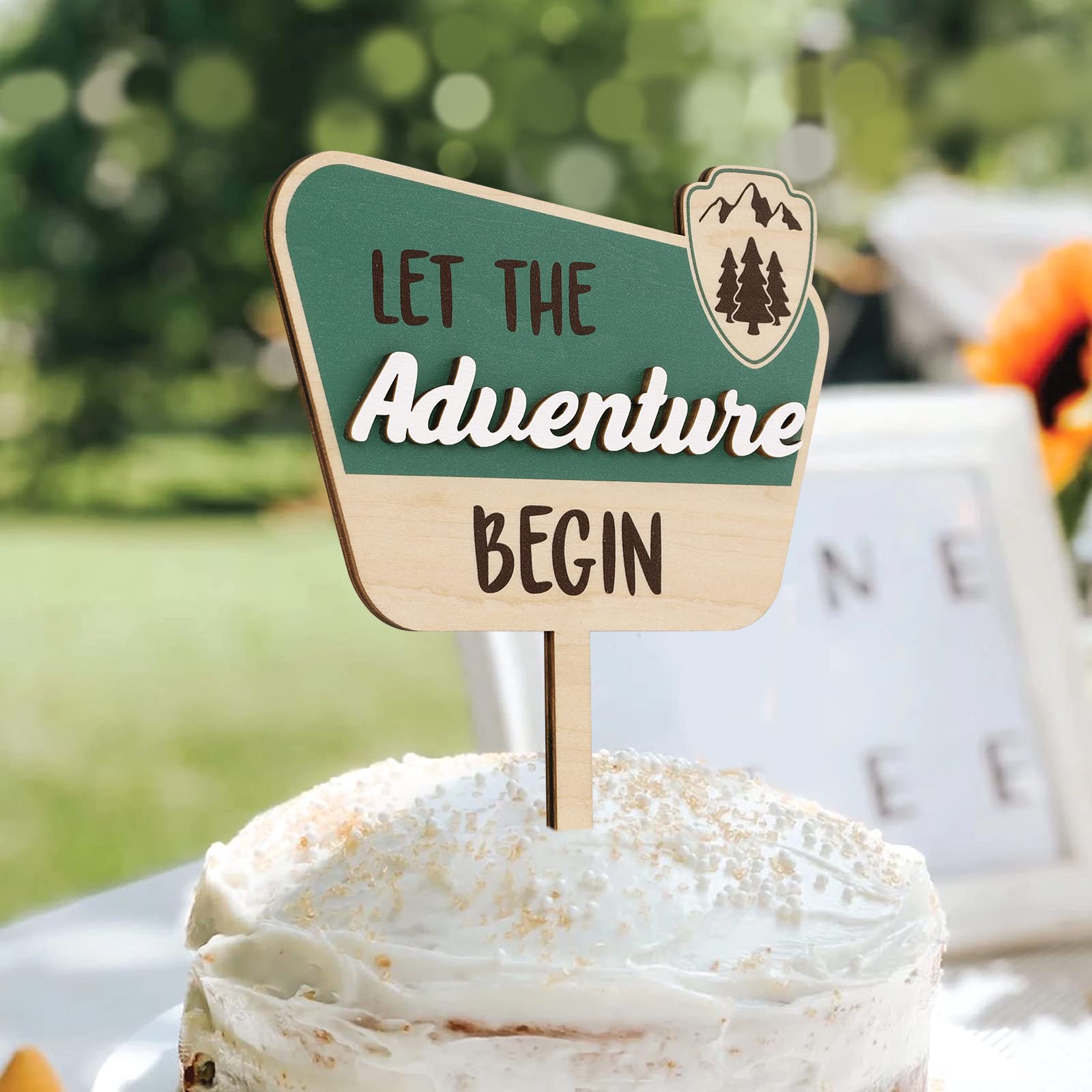 Huray Rayho National Park Cake Topper Let the Adventure Begin Wooden Cake Decoration for Natural Adventure Theme Sage Green Baby Shower Engagement Wedding Birthday Party Centerpiece