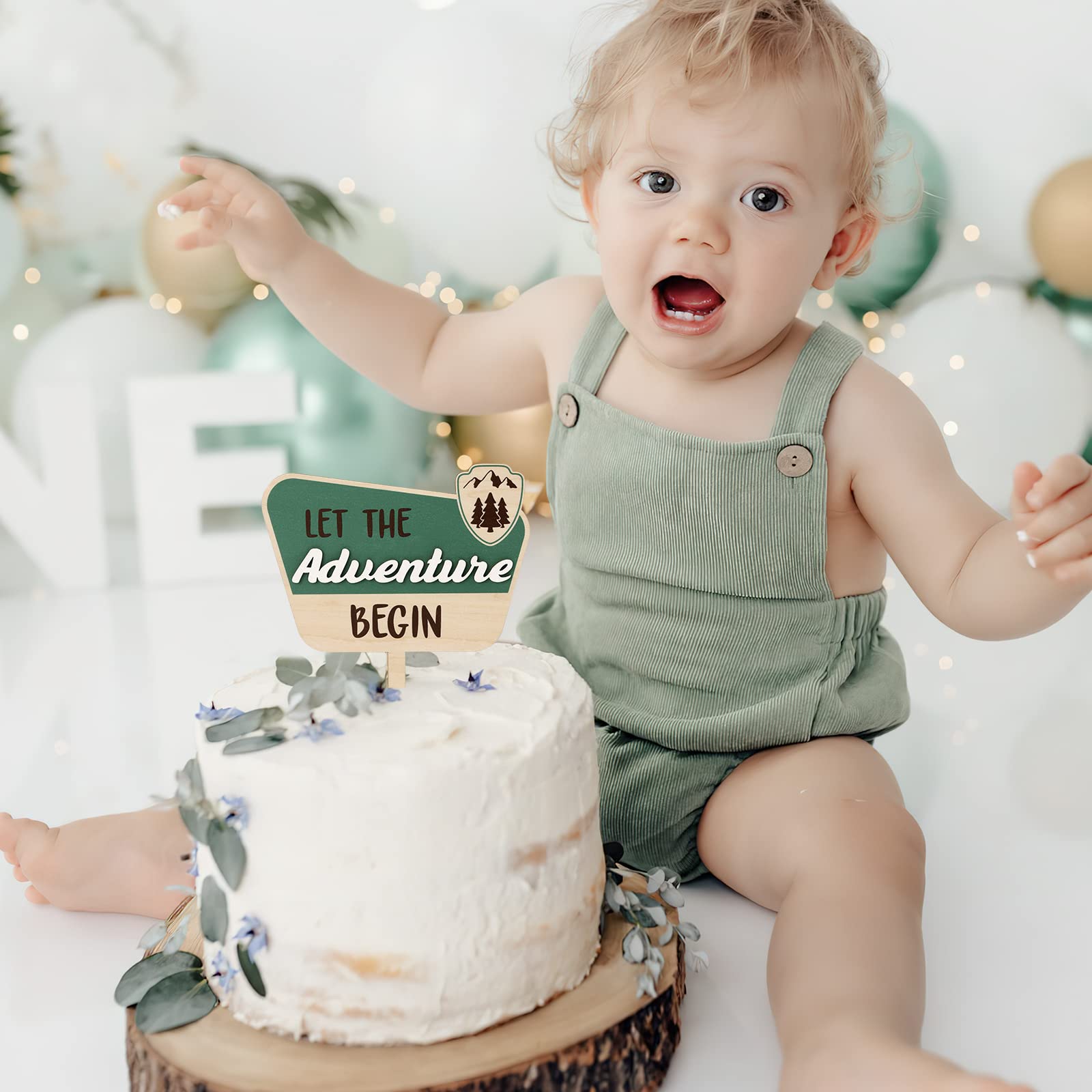 Huray Rayho National Park Cake Topper Let the Adventure Begin Wooden Cake Decoration for Natural Adventure Theme Sage Green Baby Shower Engagement Wedding Birthday Party Centerpiece