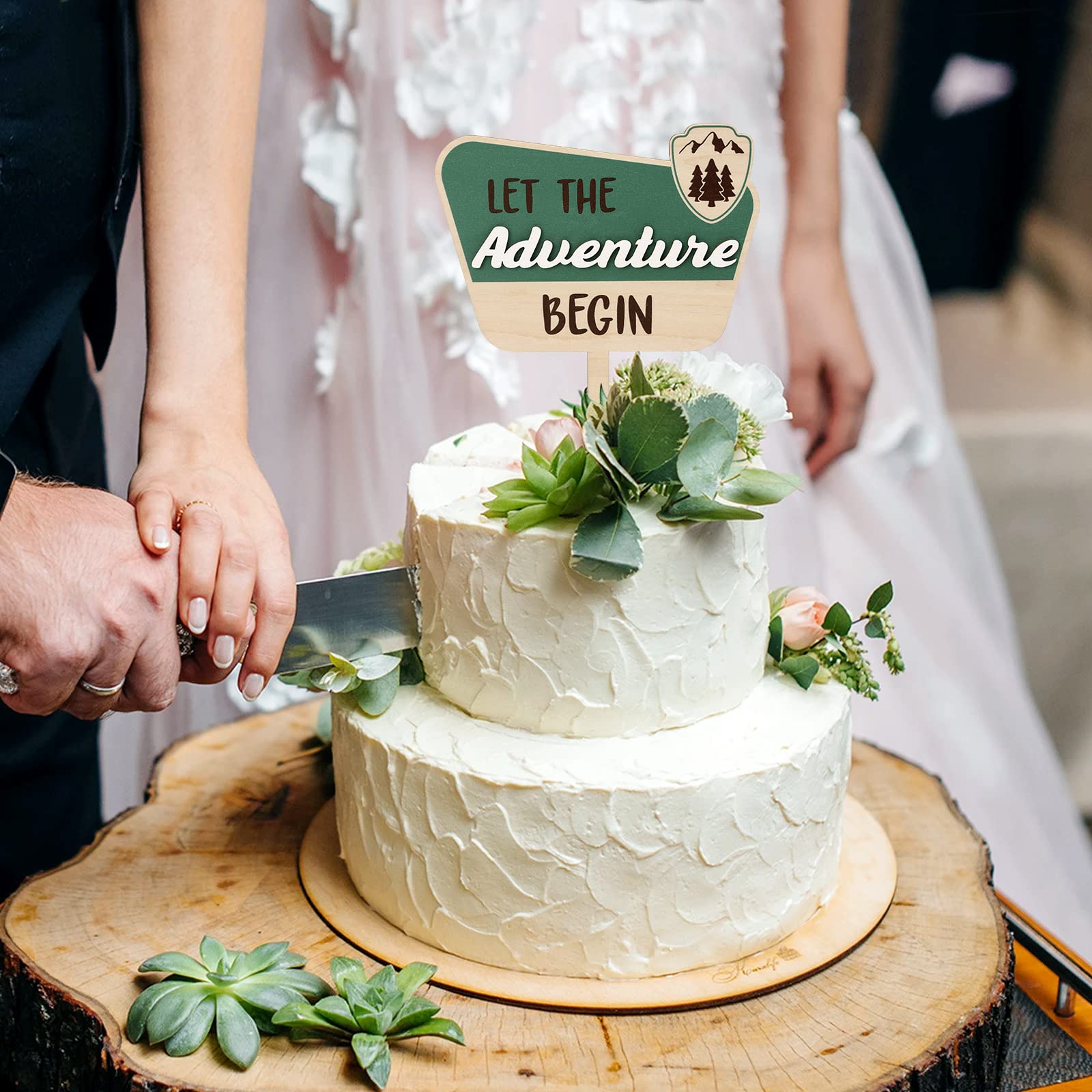 Huray Rayho National Park Cake Topper Let the Adventure Begin Wooden Cake Decoration for Natural Adventure Theme Sage Green Baby Shower Engagement Wedding Birthday Party Centerpiece