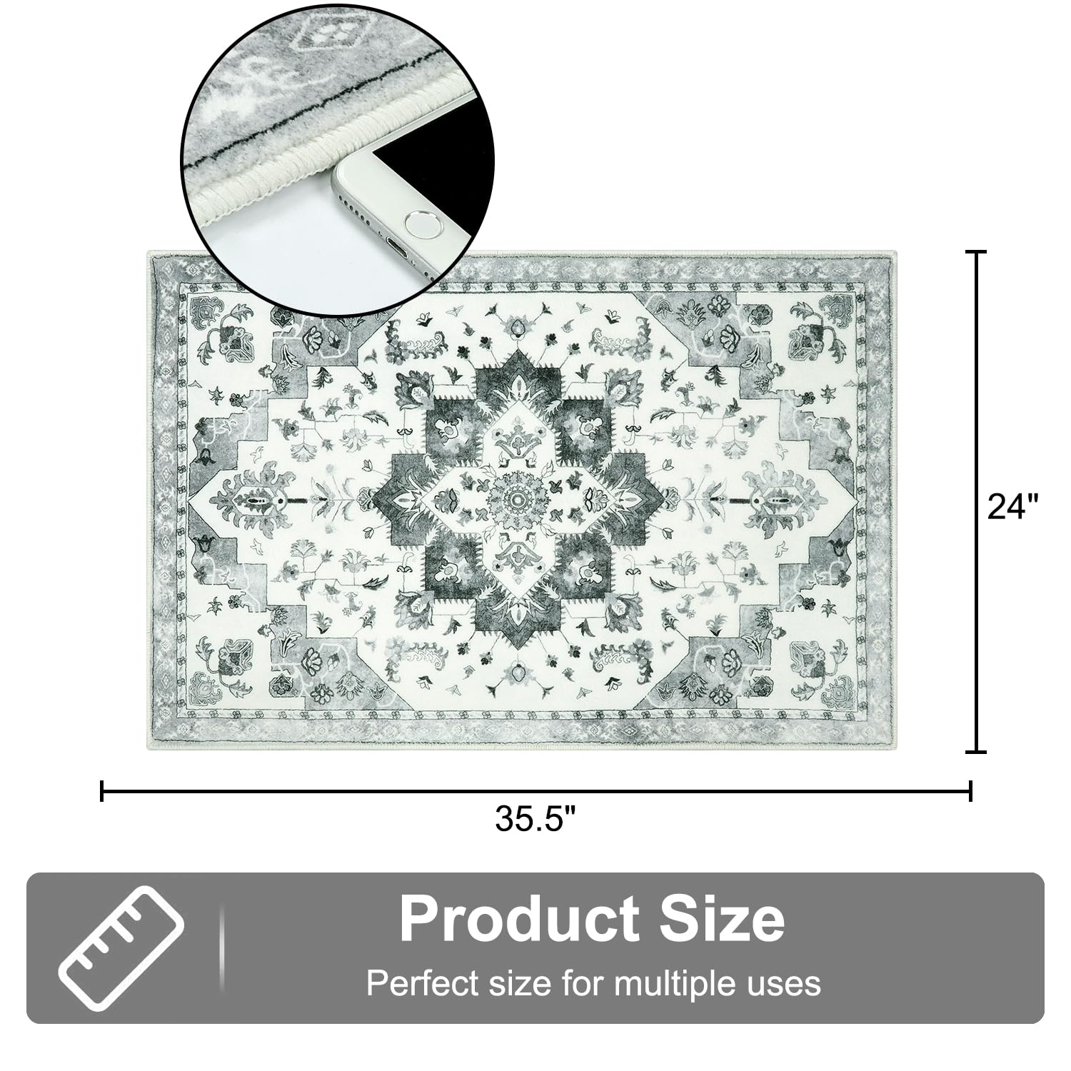 Seavish Boho Bathroom Rugs Non Slip 24"x36" Grey Throw Rugs with Rubber Backing Washable Bath Rugs for Bathroom Traditional Soft and Absorbent Bath Mat Low-Pile Floor Carpet for Laundry Bedside