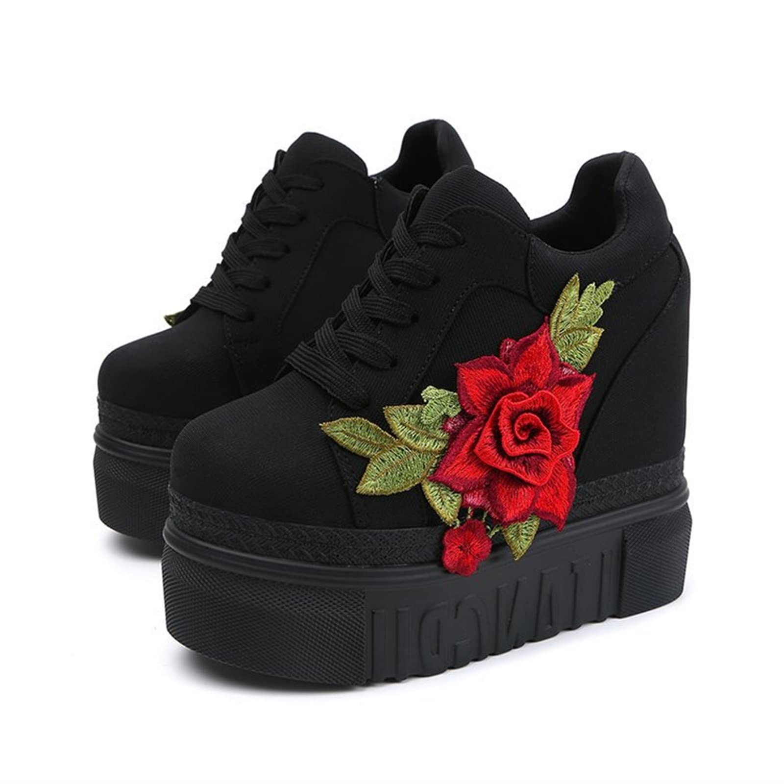 Women's Platform Embroidered Increased Sneakers Comfort Hidden High Heels Leather Wedges Tennis Fashion Breathable Jogging Walking Dress Sneakers Orthotic Low-top Bride Wedding Shoes (Color : Black,