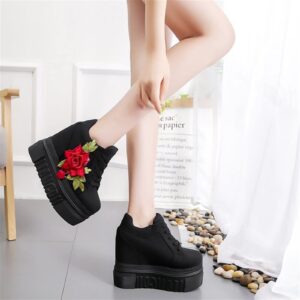 Women's Platform Embroidered Increased Sneakers Comfort Hidden High Heels Leather Wedges Tennis Fashion Breathable Jogging Walking Dress Sneakers Orthotic Low-top Bride Wedding Shoes (Color : Black,