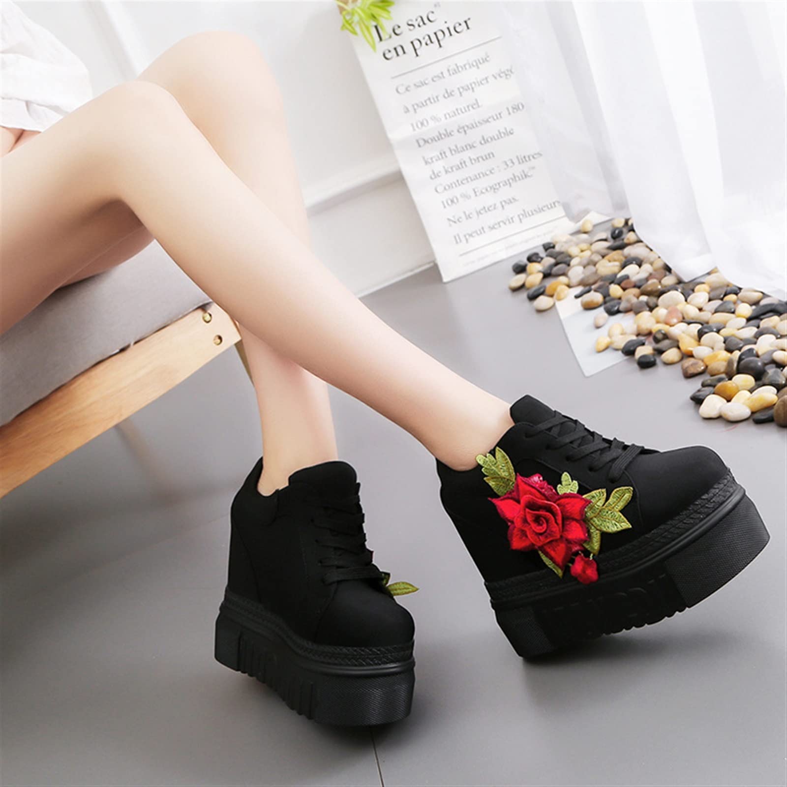 Women's Platform Embroidered Increased Sneakers Comfort Hidden High Heels Leather Wedges Tennis Fashion Breathable Jogging Walking Dress Sneakers Orthotic Low-top Bride Wedding Shoes (Color : Black,