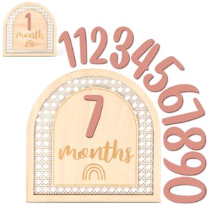 huray rayho boho rattan monthly photo props cards wooden bohemian blocks rainbow interchangeable photo props with 11 swappable numbers set of 12 for baby growth record baby shower plaques