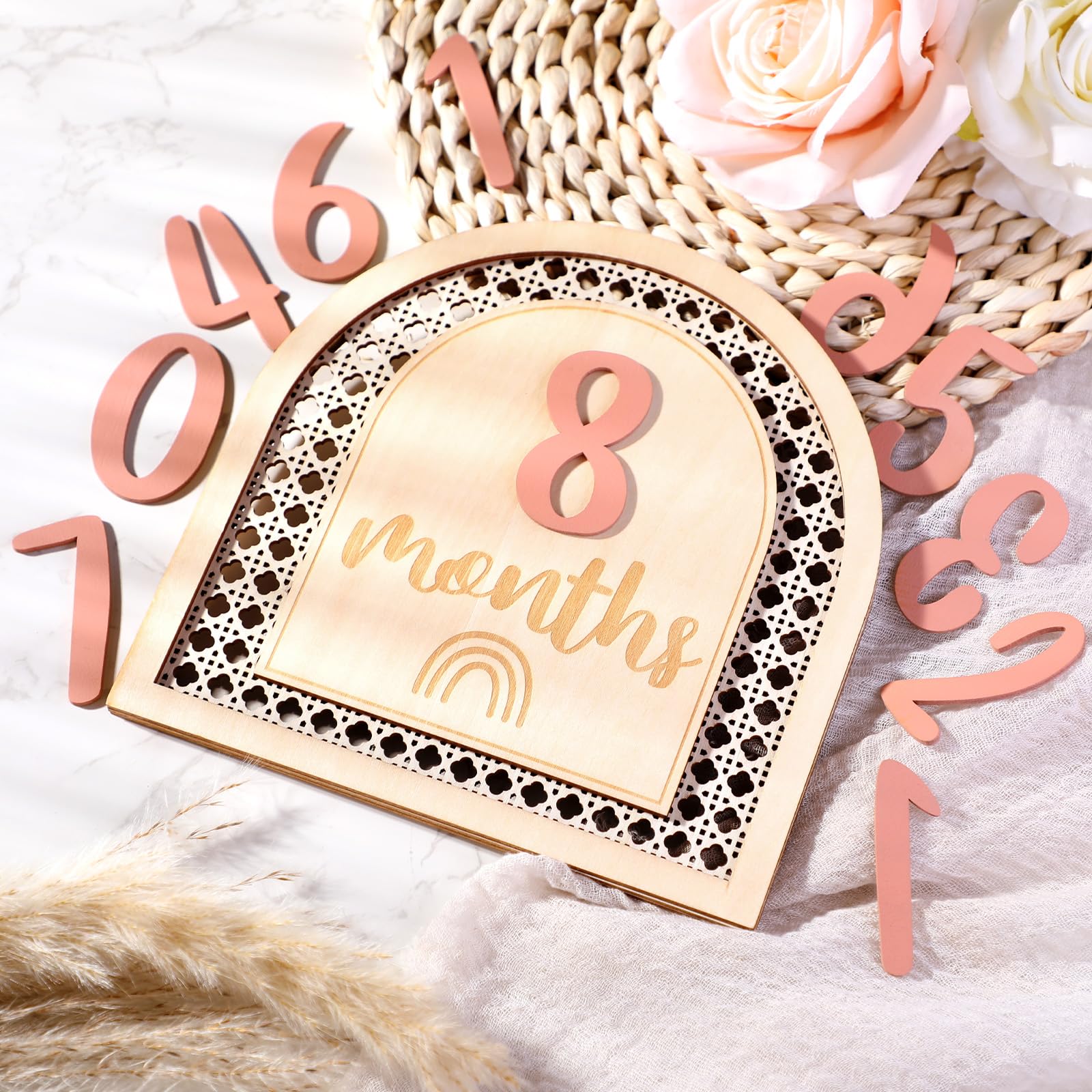 Huray Rayho Boho Rattan Monthly Photo Props Cards Wooden Bohemian Blocks Rainbow Interchangeable Photo Props with 11 Swappable Numbers Set of 12 for Baby Growth Record Baby Shower Plaques