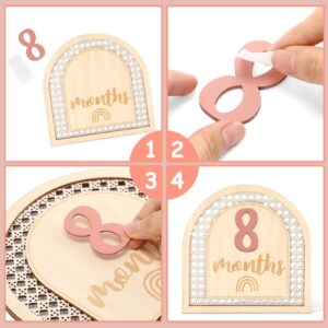 Huray Rayho Boho Rattan Monthly Photo Props Cards Wooden Bohemian Blocks Rainbow Interchangeable Photo Props with 11 Swappable Numbers Set of 12 for Baby Growth Record Baby Shower Plaques