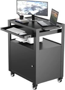 argatin av cart with keyboard tary and locking cabinet laptop cart on wheels utility cart and pullout tray - max capacity 350 lbs(24.8''l x 18.1''w x 39.8''h)