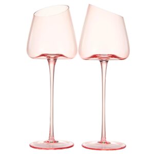 Khen Pink Wine Glasses Gift | Set of 2 | Blush Colored 18oz Slanted Glassware, Tall Stemmed Glass, Water, Gifts Wife, Girlfriend, Women, Birthday, Wedding, Anniversary, Mother's Day