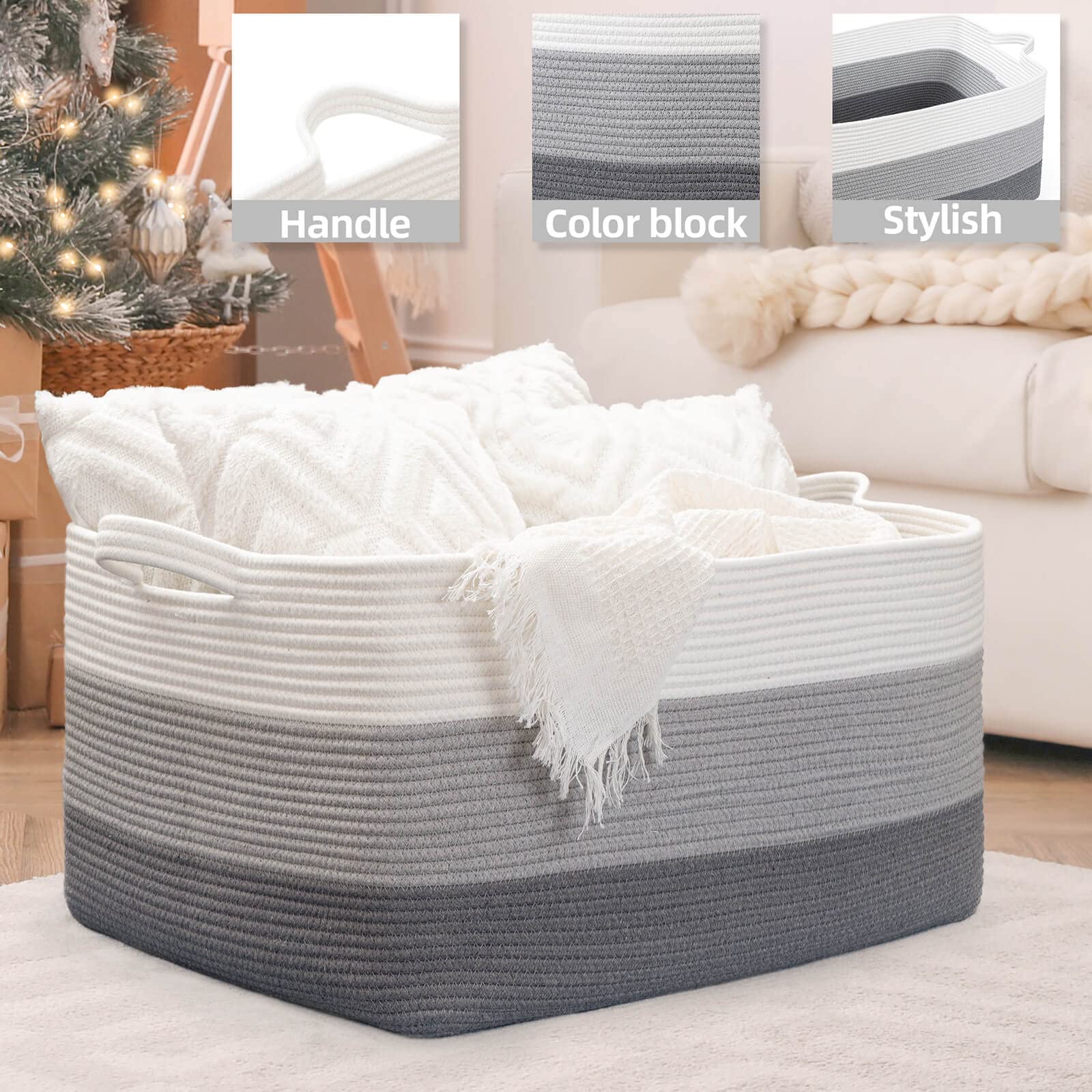 ZLG Big Toy Storage Bin Grey Rectangle Basket 72L Square Laundry Basket Rope Living Room Blanket Basket Pillow Basket for Bedroom Nursery Storage Bin with Handles, 22 x 17 x 12 inches