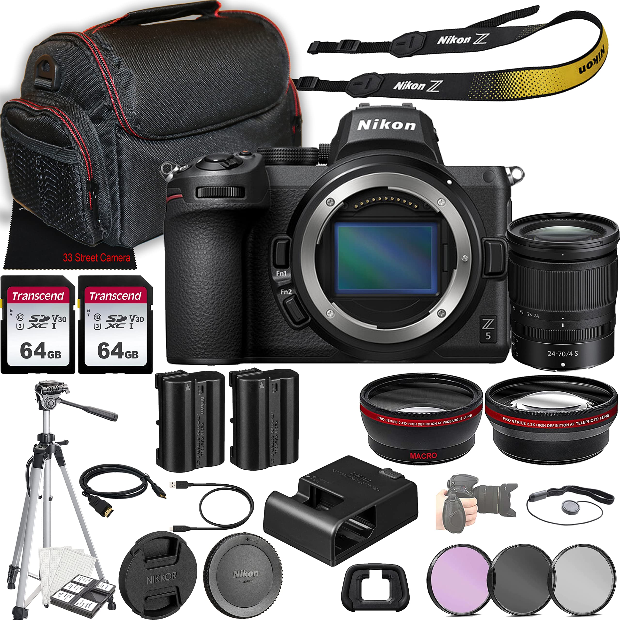 Nikon Z5 Mirrorless Camera w/NIKKOR Z 24-70mm f/4 S Lens + 128GB Memory + Case + Tripod + 3 Piece Filter Kit + More (30pc Bundle)