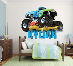 kids name wall decor - monster truck decal - custom name wall decals - boys room decor- personalized monster truck wall art
