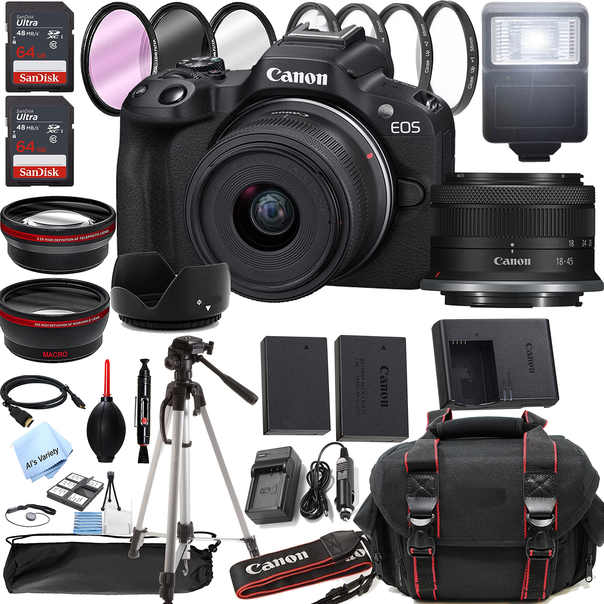 Canon EOS R50 Mirrorless Digital Camera with RF-S 18-45mm f/4.5-6.3 is STM Lens + 128GB Memory + Case + Tripod + Filters (38pc Bundle)